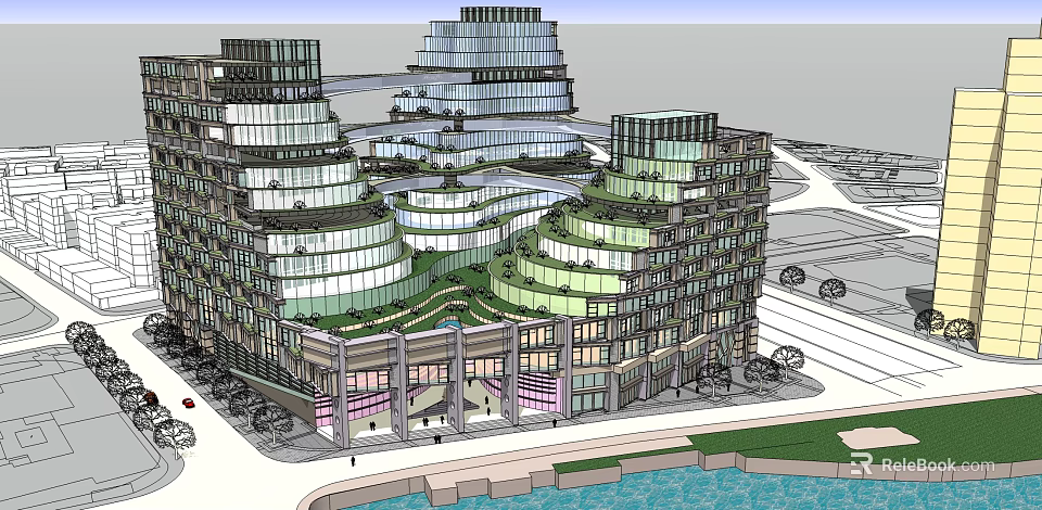 Modern Office Building Complex With Glass Facade Green Roof And Landscaped Terraces 3d model 