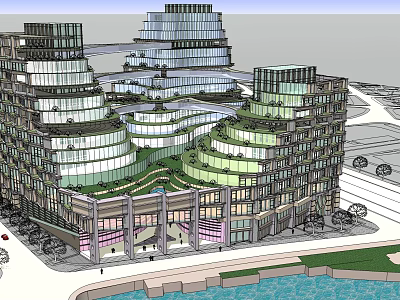 Modern Office Building Complex With Glass Facade Green Roof And Landscaped Terraces 3d model