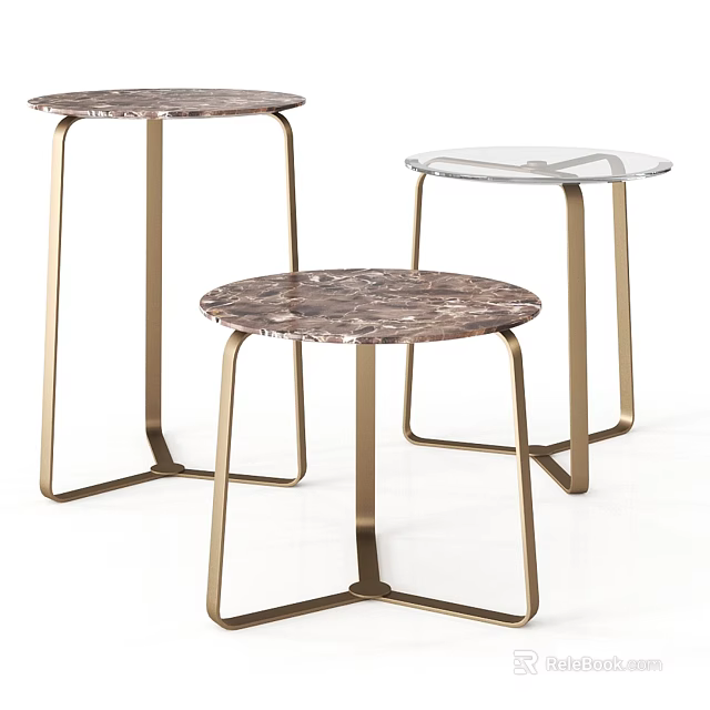 Modern Coffee Table Set of Three With Round Marble Top And Gold Metal Legs 3d model 