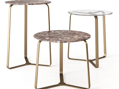 Modern Coffee Table Set of Three With Round Marble Top And Gold Metal Legs 3d model