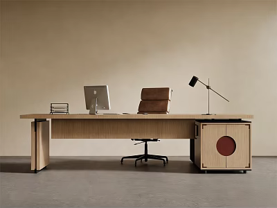 Modern Wooden Office Desk With Computer Monitor Books Chair Lamp And Side Cabinet 3d model