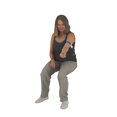 Woman Sitting Wearing Black Tank Top And Gray Pants With Arm Brace Extending Arm 3d model