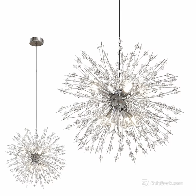 Modern Crystal Dandelion Inspired Ceiling Light With Silver Metal Frame And Multiple Bulbs 3d model 