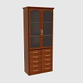 Brown Wooden File Cabinet With Double Glass Doors And Multiple Gold Handles
