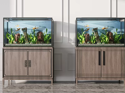 Two Fish Tanks With Green Aquatic Plants Small Fish On Wooden Cabinets 3d model