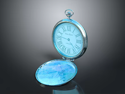 Open Pocket Watch With Roman Numerals And Blue Dial On Black Background 3d model