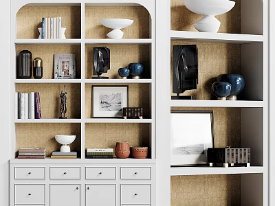 Stylish White Bookcase With Open Shelves Books Framed Artwork Blue Jars And Storage Cabinets 3d model