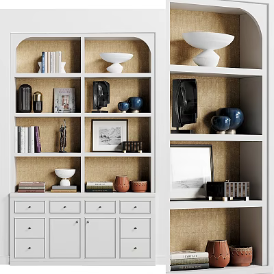Stylish White Bookcase With Open Shelves Books Framed Artwork Blue Jars And Storage Cabinets 3d model