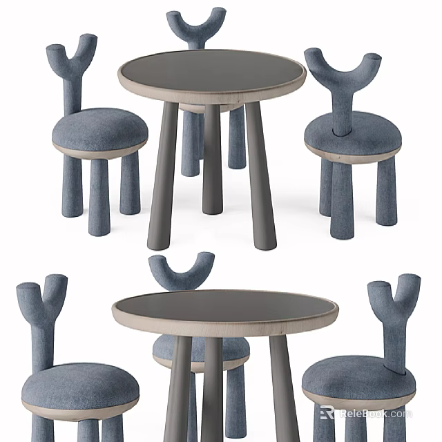 Round Children's Table with Rabbit Ear Shaped Chairs and Blue Padded Seats 3d model 