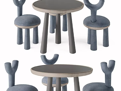 Round Children's Table with Rabbit Ear Shaped Chairs and Blue Padded Seats 3d model