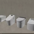 Four Modern Toilets With Different Designs And Marble Bathroom Background