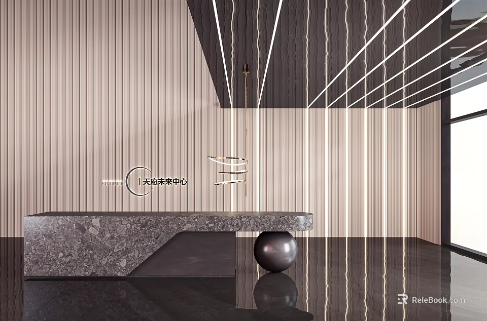 Modern Reception Desk With Marble Counter Vertical Panel Wall And Hanging Linear Decor 3d model