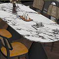 Elegant Dining Table Set With Marble Top And Six Woven Back Chairs By Window Greenery