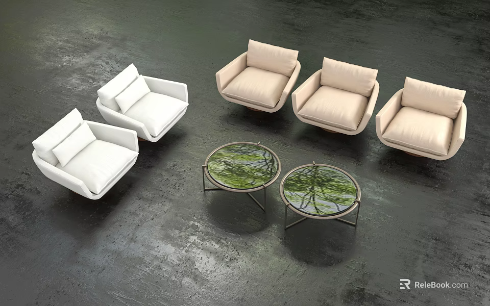 Stylish Single Seater Sofas Arrangement With Round Glass Coffee Tables 3d model 