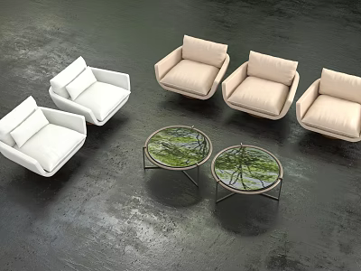Stylish Single Seater Sofas Arrangement With Round Glass Coffee Tables 3d model