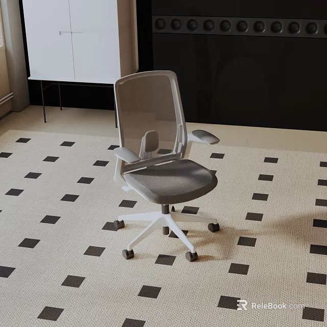 Modern Mesh Back Office Chair With Gray Seat White Base And Wheels On Patterned Rug 3d model 