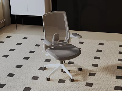 Modern Mesh Back Office Chair With Gray Seat White Base And Wheels On Patterned Rug 3d model