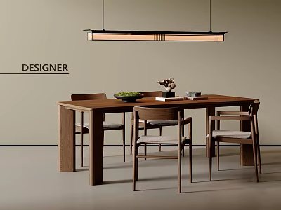 Designer Wooden Dining Table Set With Minimalist Design And Hanging Light 3d model