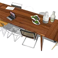 Wooden Conference Table With Laptop Food Plates Vase And Mixed Style Chairs