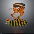 Orange Robot With Four Legs Standing On Yellow Black Striped Floor Near Small Device