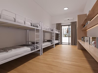Modern Dormitory Room With Bunk Beds Wooden Flooring Bookshelf Window And Air Conditioner 3d model
