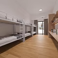 Modern Dormitory Room With Bunk Beds Wooden Flooring Bookshelf Window And Air Conditioner
