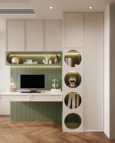 Modern Home Office Bookcase with Circular Cutouts Green Wall Desk Computer and Decorative Items 3d model
