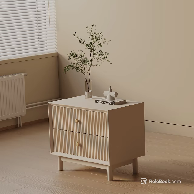 Minimalist Beige Bedside Table With Two Drawers Gold Handles And Decorative Plant 3d model 