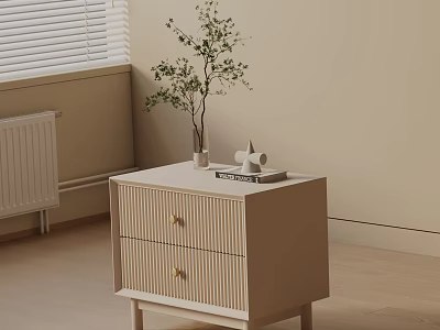 Minimalist Beige Bedside Table With Two Drawers Gold Handles And Decorative Plant 3d model