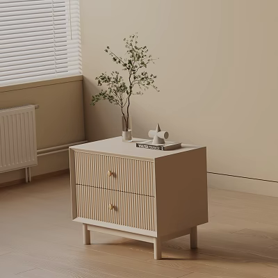 Minimalist Beige Bedside Table With Two Drawers Gold Handles And Decorative Plant 3d model