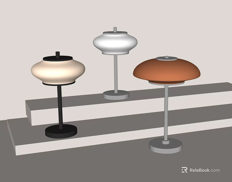 Modern Table Lamps With Various Colors And Designs Displayed On Stepped Platform 3d model