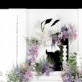Floral Decorated Stage With Purple White Flowers Green Plants And Elegant Background Design