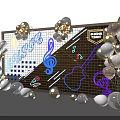 Elegant Music Theme Party Decor With Silver Balloons Grid Backdrop And Guitar Notes Design 3d model