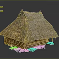 Traditional Thatched Roof Cottage With Wooden Structure And Green Foliage