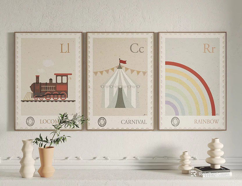 Nursery Wall Art Prints With Train Carnival Rainbow Designs And Decorative Elements 3d model