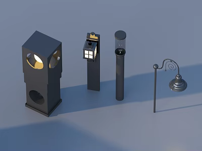 Black Square Cylindrical Window Design And Silver Curved Pole Illuminated Outdoor Lights 3d model