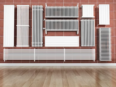 Various Home Radiators With Different Designs On Brick Wall Background And Wooden Floor 3d model