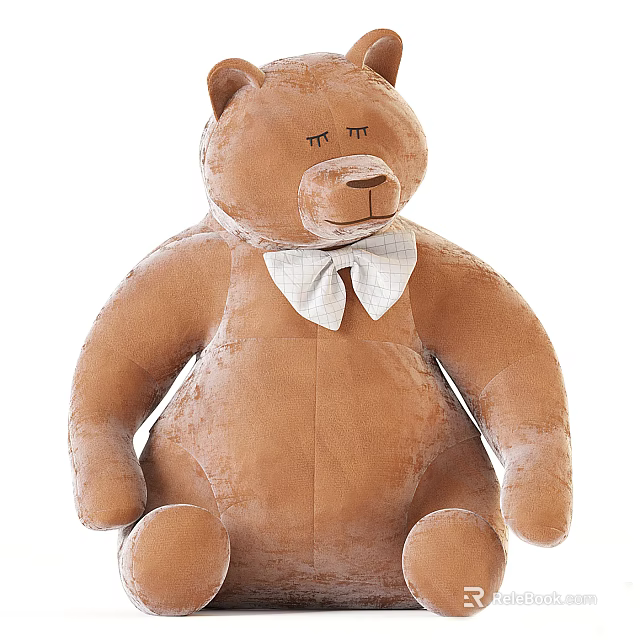 Brown Plush Teddy Bear Doll With White Bow Tie And Soft Fluffy Texture 3d model 