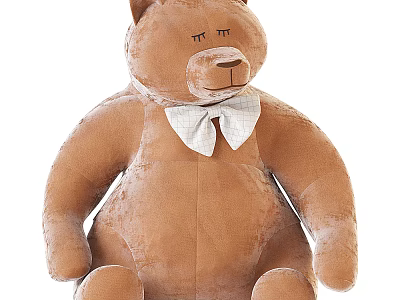Brown Plush Teddy Bear Doll With White Bow Tie And Soft Fluffy Texture 3d model