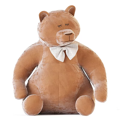 Brown Plush Teddy Bear Doll With White Bow Tie And Soft Fluffy Texture 3d model