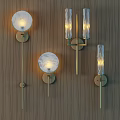 Modern Wall Sconces With Marble Texture Shades And Golden Metal Brackets On Wooden Wall