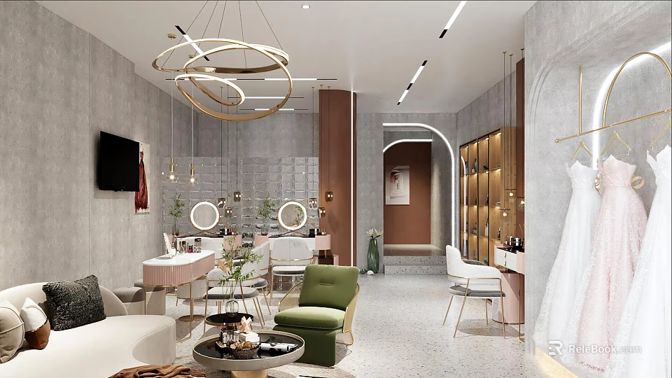 Elegant Bridal Shop Interior With Wedding Dress Chandeliers Mirrors And Seating Areas 3d model 