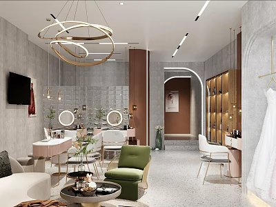 Elegant Bridal Shop Interior With Wedding Dress Chandeliers Mirrors And Seating Areas 3d model