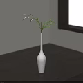 Slim White Vase With Green Leaves On Dark Wooden Table Near Window