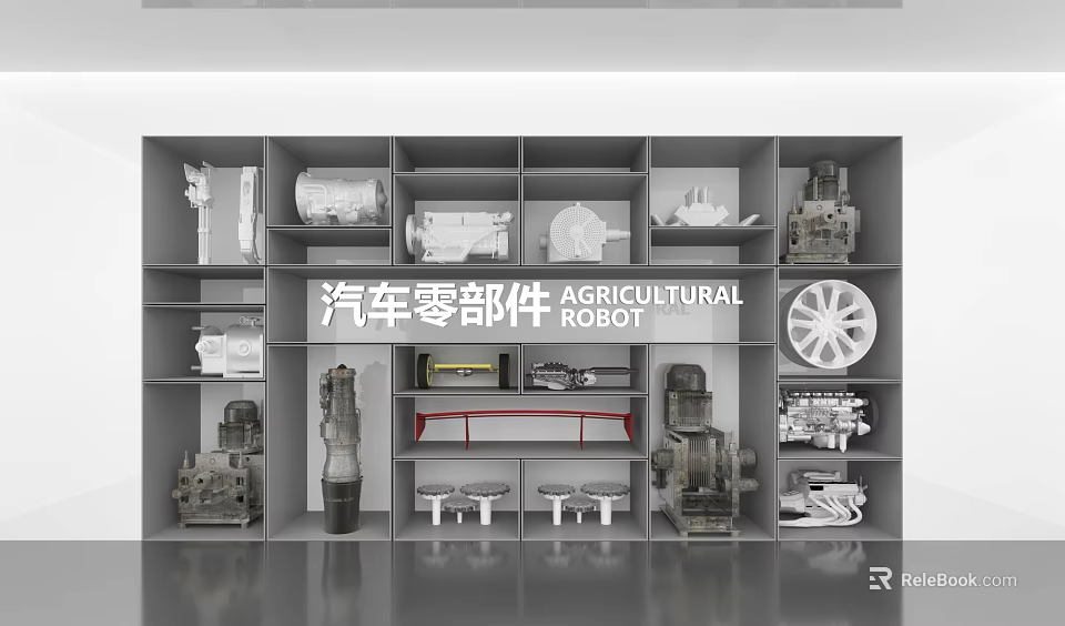 Automotive Parts Display Including Agricultural And Robot Components On Shelves 3d model 
