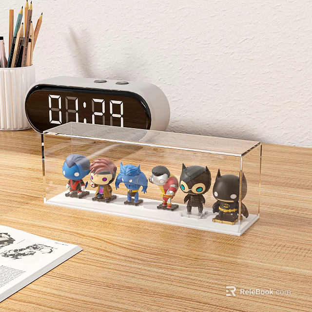 Collectible Superhero Character Dolls in Transparent Acrylic Display Case on Wooden Desk 3d model 