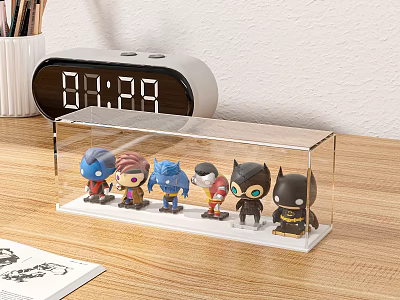Collectible Superhero Character Dolls in Transparent Acrylic Display Case on Wooden Desk 3d model