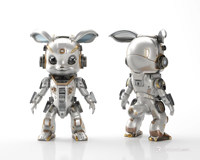 Silver And Gold Mechanical Rabbit Figurines With Headphones And Robot Style Limbs 3d model 