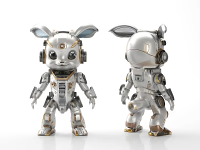 Silver And Gold Mechanical Rabbit Figurines With Headphones And Robot Style Limbs 3d model