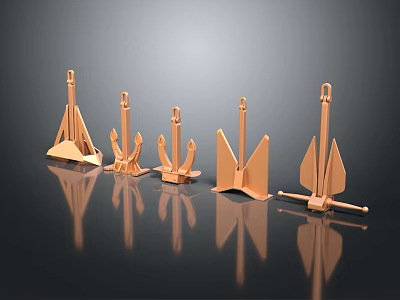 Copper Colored Metal Anchors In Various Shapes And Sizes On Black Reflective Surface 3d model
